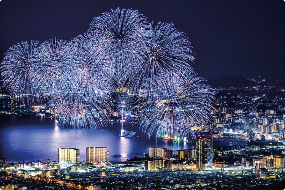 夜景と打ち上げ花火の壮大な風景。琵琶湖湖畔の街並みの上空に、青と白を基調とした大輪の花火が次々と開花し、湖面に映り込む光と街の明かりが織りなす幻想的な夜景が広がります。